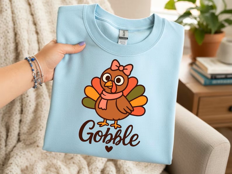 Cute Gobble Turkey PNG with Pink Bow for Thanksgiving