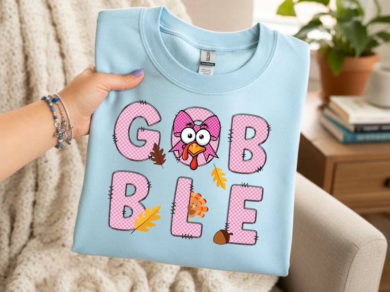 Coquette Gobble Turkey PNG: Pink Checkered Design for Thanksgiving Shirts