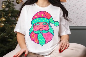 Patchwork Santa Claus PNG — Neon Pink & Teal Retro Preppy Christmas Sublimation.