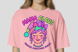 Mama Claus PNG: Neon Coquette Christmas Bow Portrait, 300dpi Transparent Background for Sublimation