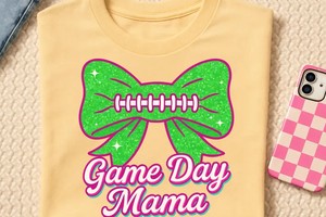 Glitter Football Bow PNG – Green Coquette “Game Day Mama” Sublimation Design