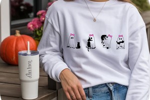 Ghost Cat Halloween Png, Cute Ghost & Cat With Pink Bows, Retro Coquette Spooky Season Design, Sublimation For Shirts and Mugs