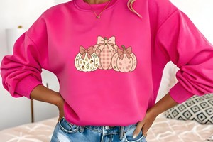 Cute Pumpkin PNG, Pastel Pink Boho Floral & Gingham Bows Clipart for Sublimation