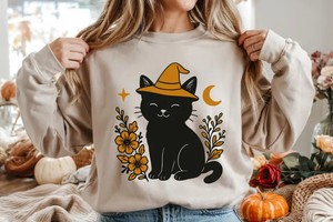 Halloween Black Cat PNG – Witch Hat, Floral Moon Clipart, 300dpi Transparent Sublimation