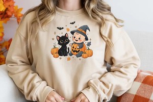 Halloween Baby PNG with Black Cat & Pumpkin Costume — 300dpi Transparent Sublimation Art