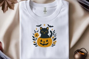 Vintage Halloween Cat PNG — Retro Black Kitty in Pumpkin with Bats & Florals, 300 DPI Transparent