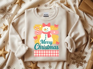Snowman Merry Christmas PNG: Pink Bow Retro Brushstroke Gingham, 300dpi Sublimation Design