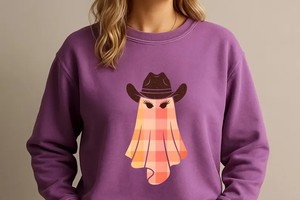 Halloween Ghost Png, Cowboy Hat Gingham Ghost, Retro Western Style, Spooky Season Halloween, Shirt Sublimation Design, Orange Plaid