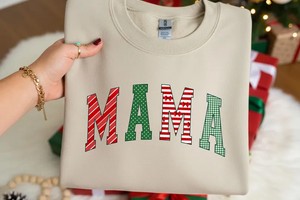 Christmas Mama PNG - Retro Festive Pink Mama Claus with Red Bow for Sublimation Design