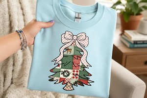 Patchwork Christmas Tree PNG with Pink Coquette Bow