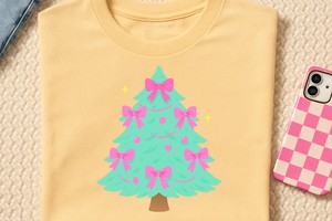 Coquette Christmas Tree PNG with Pink Bows, Girly Sublimation Design for Holiday Shirts