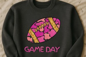 Game Day Camo Png, Pink & Gold Glitter Football Graphic, Preppy Coquette Style For Football Season, Sublimation For Shirts Mugs Totes