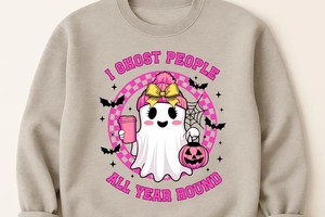 Ghost Girl Png, Cute Coquette Ghost With Coffee & Pumpkin, Halloween Funny Quote, Sublimation For Shirts Mugs Totes, Pink Checkered