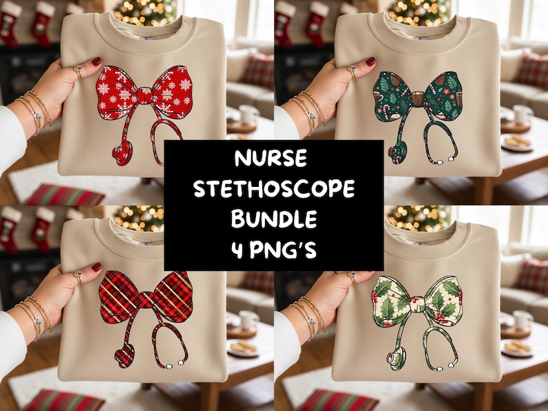Christmas Nurse Stethoscope PNG Bundle: Festive Bow Designs for Holiday Shirts